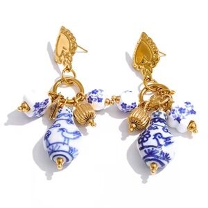 Sara Sotti Gold and Blue Italian Porcelain Charm Drop Earrings